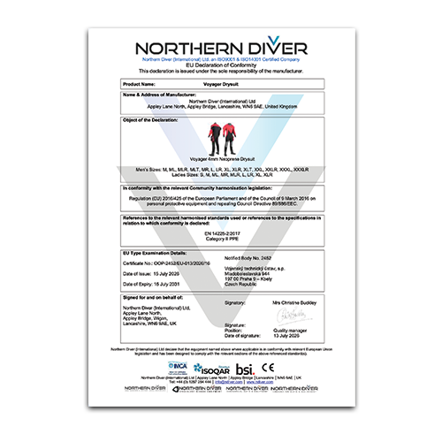 Voyager Drysuit Declaration of Certification